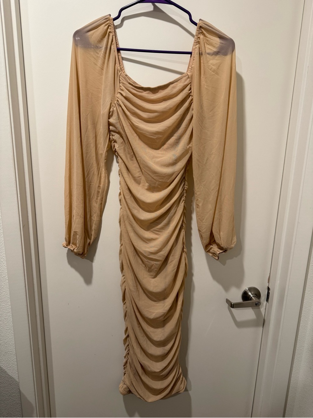 Ruched Long Sleeve Midi Dress in Nude Beige